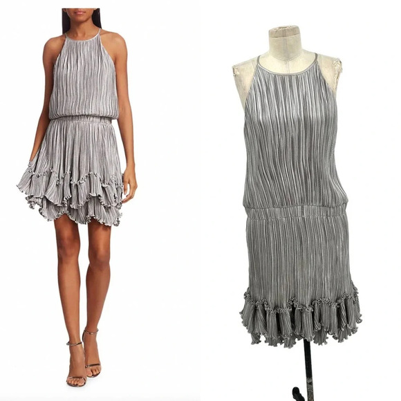 HALSTON Pleated Metallic Dress In Silver‎ Metallic Size 12 - Picture 1 of 10